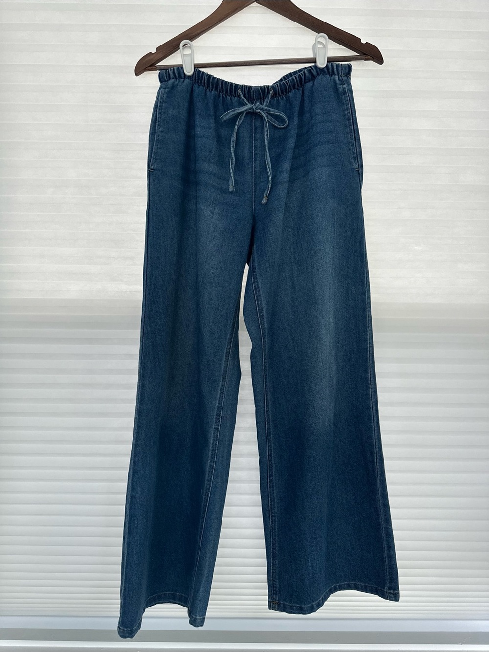 Vanilla Star Wide Leg Denim Pants Drawstring Elastic Waist Blue Jean Trouser